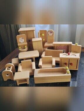 Plan Toys Wooden Dollhouse Furniture Lot 16 Pieces